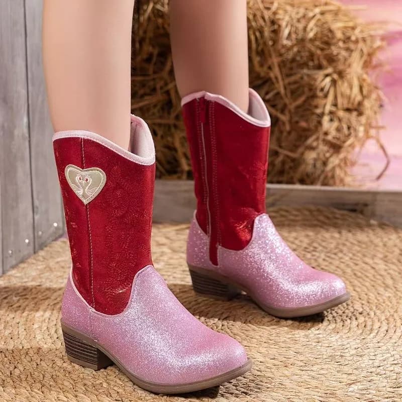 Rose Pink Glitter Western Fashion Knee High Boots Kid Girl Slip-on Cowboy Long Booties Child Low Heeled Round Toe Botas 25-36