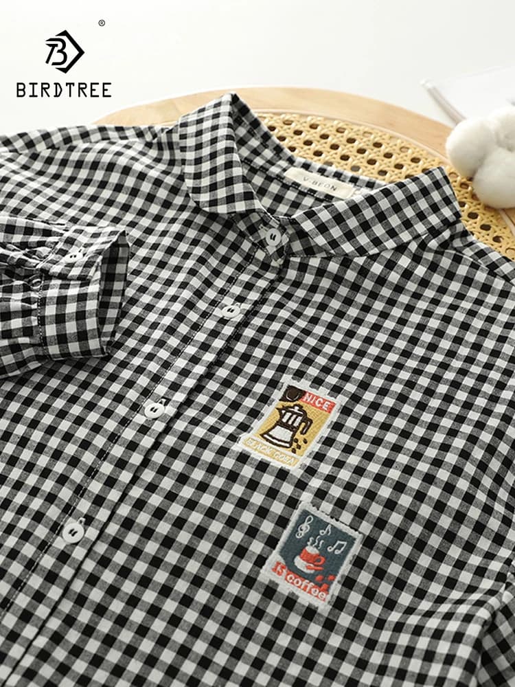 New 2026 Autumn Women Cotton Yarn Long Sleeve Shirt, Lapel Embroidery Plaid, Mori Girl Retro Versatile Loose Blouse T66426CC