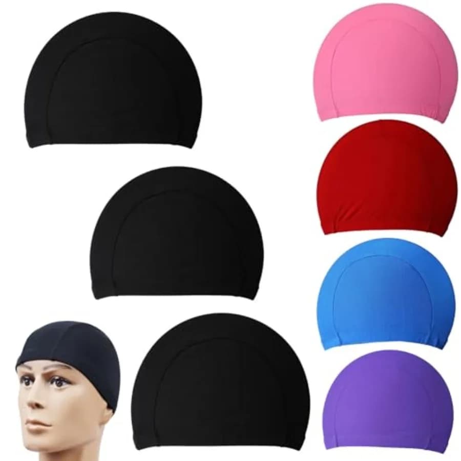 Set di 7 Cuffie da Nuoto in Tessuto Traspirante, Comode e Ultra Sottili, Elastiche, per Uomini, Donne, Adulti, Ragazze, Ragazzi, Giovani e Famiglie