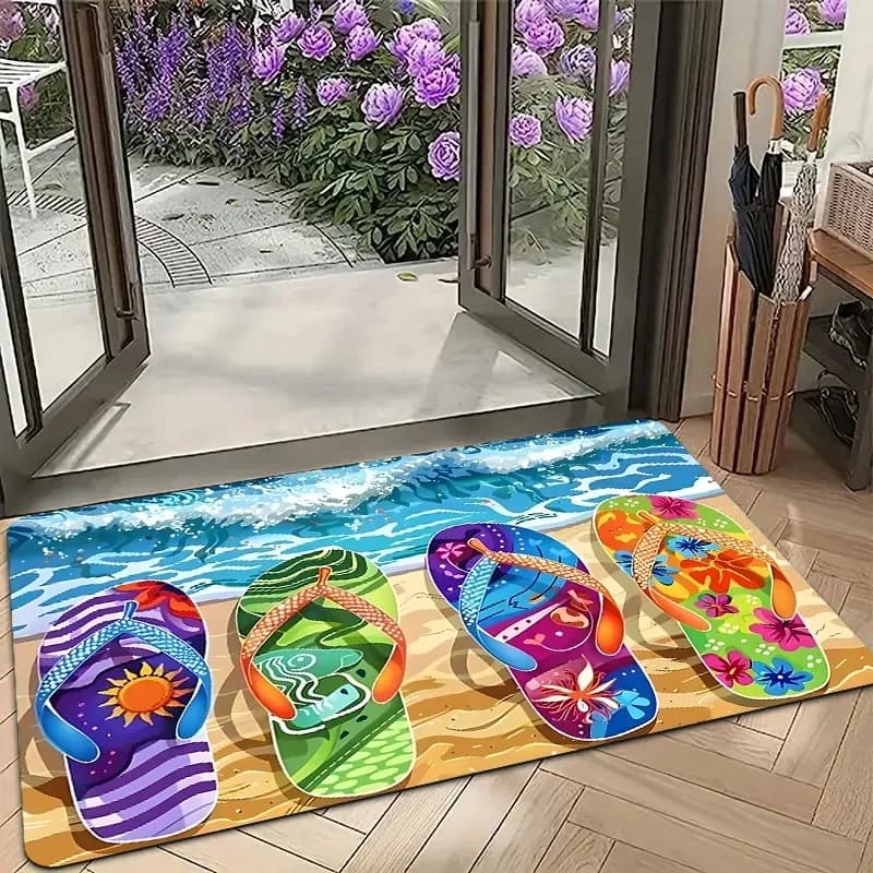 Beach Flip Flop Doormat - Vibrant Sunset and Palm Tree Pattern, Non-Slip Polyester Mat for Bathroom/Balcony Decoration