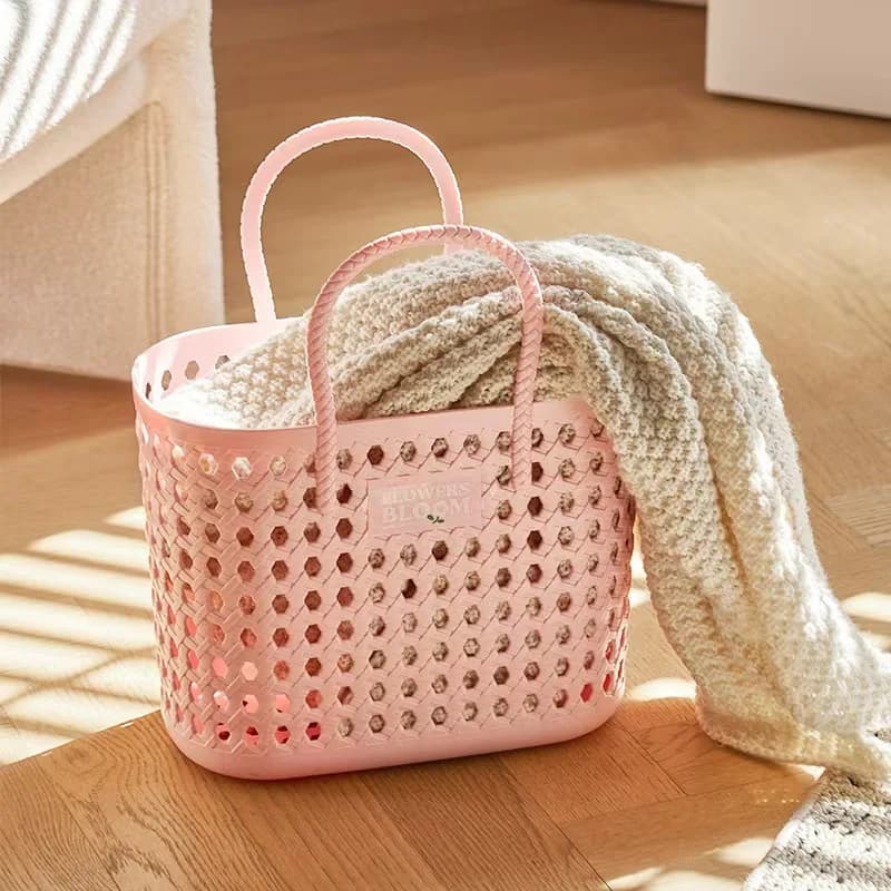 Cesto portaoggetti in plastica intrecciata con manici, cesto traforato traspirante per bagno, cucina, lavanderia, spesa, picnic, decorazioni