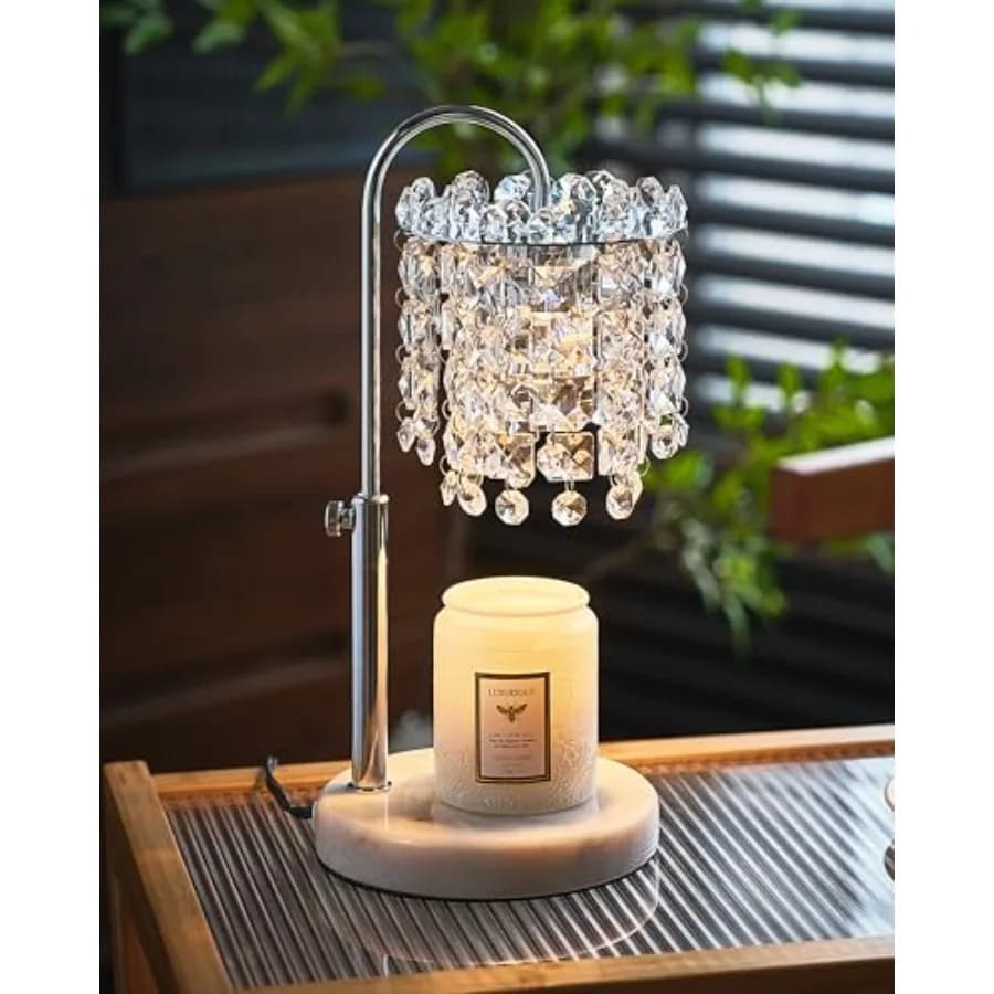 Lampada Scaldacandele con Timer e Dimmer, Altezza Regolabile, Base in Marmo per Candele in Vaso, Lampada per Candele in Cristallo