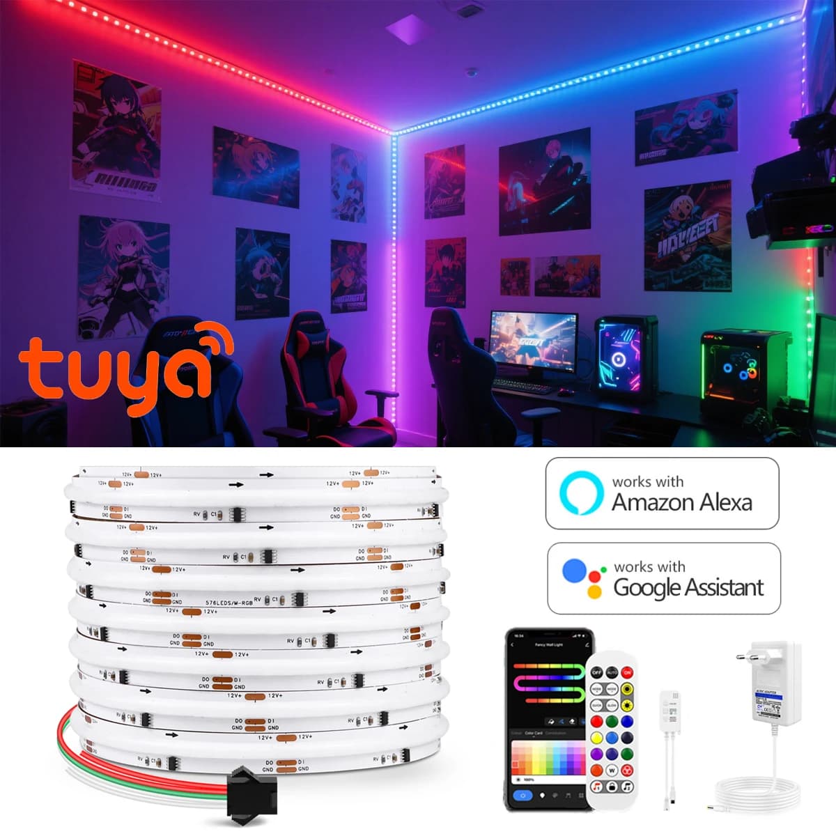 RGBIC COB LED Strip Light Gioco Esports Room Luci d'atmosfera 12V Tuya WIFI Smart APP Controllo vocale Decorazione del computer Nastro colorato