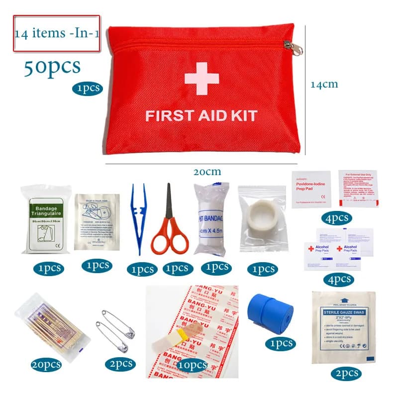 Set da 50 pezzi Kit di pronto soccorso portatile Kit di emergenza per auto rossa Accessori per la casa Viaggi in famiglia Trattamento medico di emergenza all'aperto