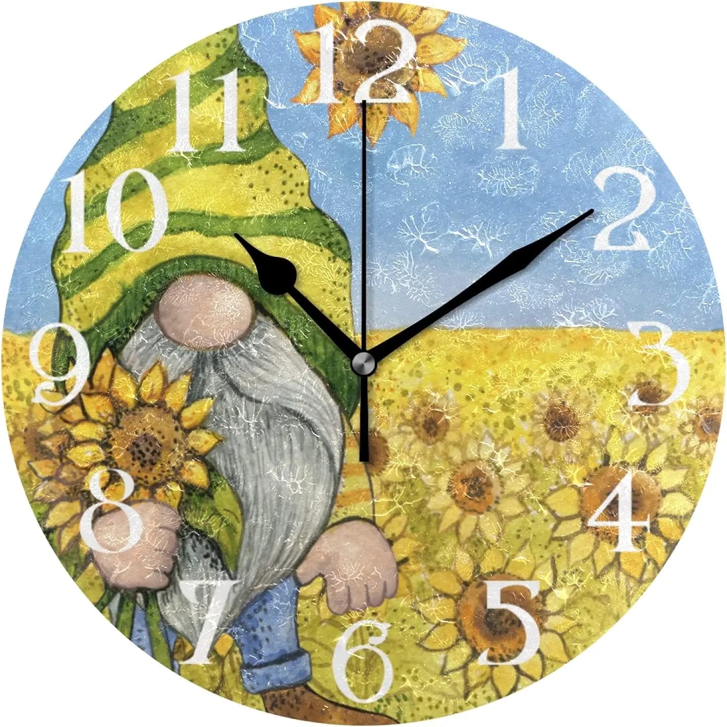 Wall clock with sunflower gnome 9.5 inch silent kitchen clock without ticking Round bath clock with cute yellow flower Battery operation Q