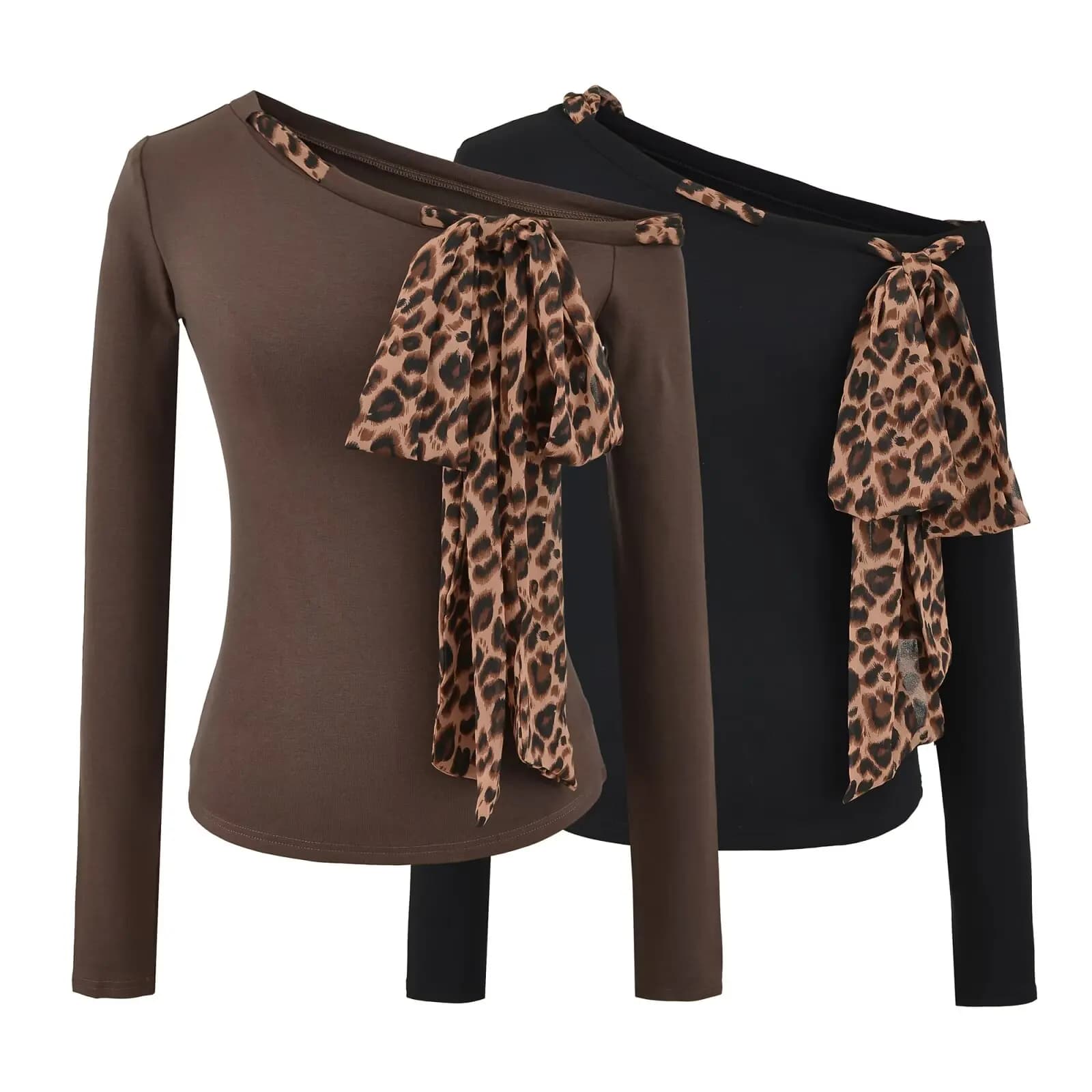 Retro Leopard Print Belted Shoulder Long Sleeve Women's T-shirt Slimming Top for Autumn Season Fashion Design