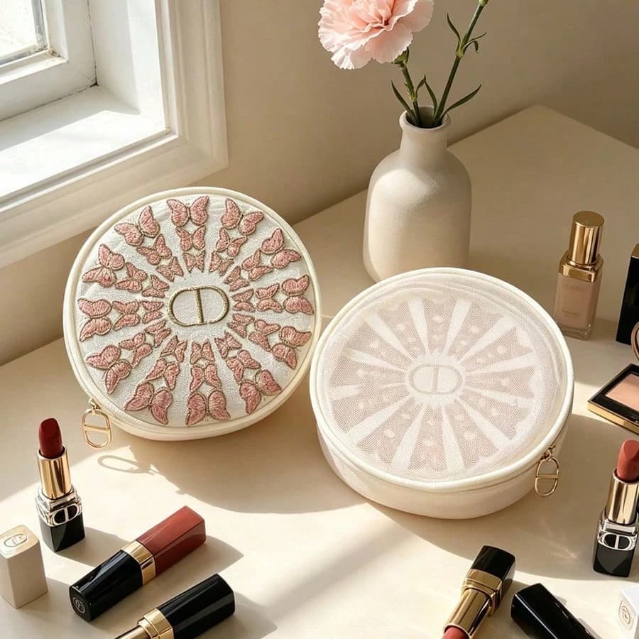 Dior bag Round Mesh Makeup Bag With Butterfly Embroidery, Ultra Thin Dustproof Cosmetic Storage Pouch, Portable Travel Organizer