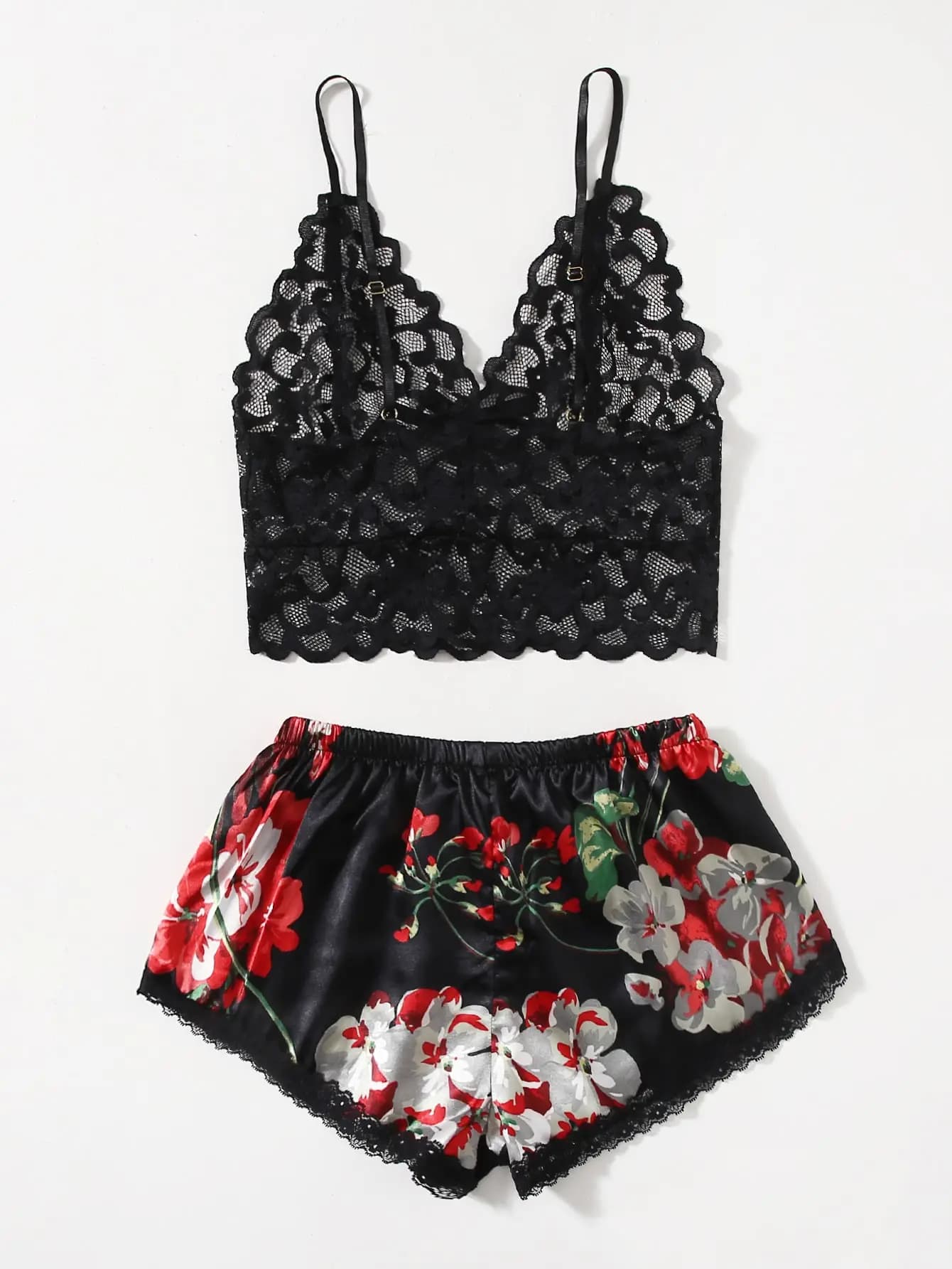 Floral Lace Pajama Set for Women, Black Bralette and Satin Shorts Sleepwear for Date Night