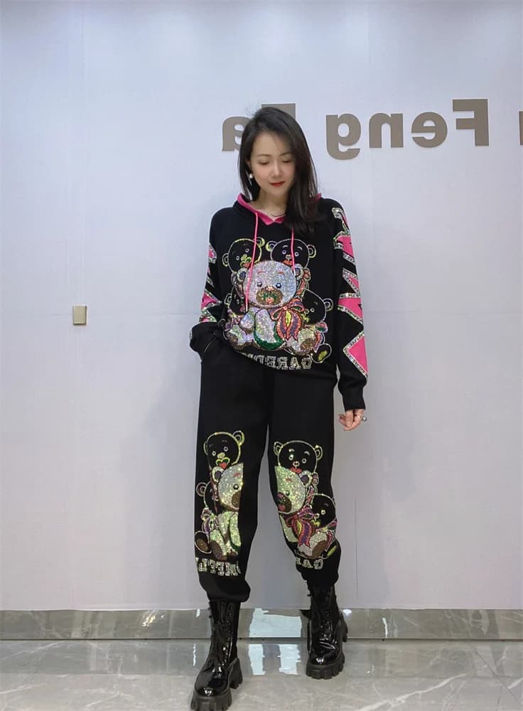 Women's Fashionable Pants Set Spring and Autumn Long Sleeved Cartoon Bear Hoodie with Rhinestone Coat Sport Clothing Set Two Pieces Women's