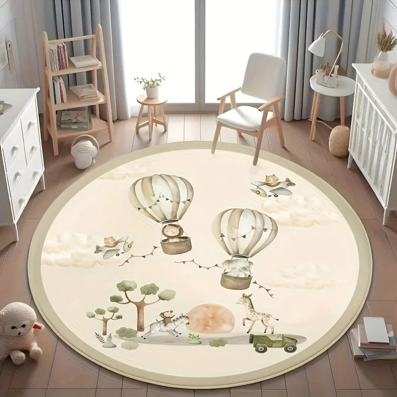 Hot Air Balloon Fairytale Cute Round Area Rug, Kids Room Non Slip Circle Carpet, Washable Living Room Bedroom Mat