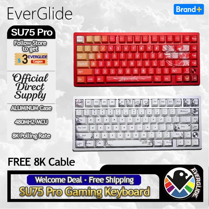 Everglide Su75 Pro Tastiera da gioco Interruttore ad effetto Hall Supporto Precisione RT 0,001 mm Doppia lampada RGB Guscio in alluminio CNC con DKS SOCD