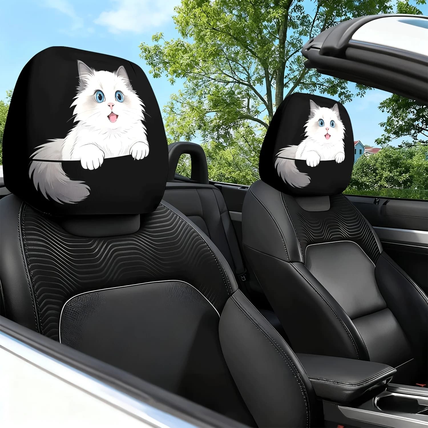 2 Pezzi Copricuscino per Poggiatesta Auto con Stampa a Tema Gatto Bianco Occhi Blu - Design Adorabile
