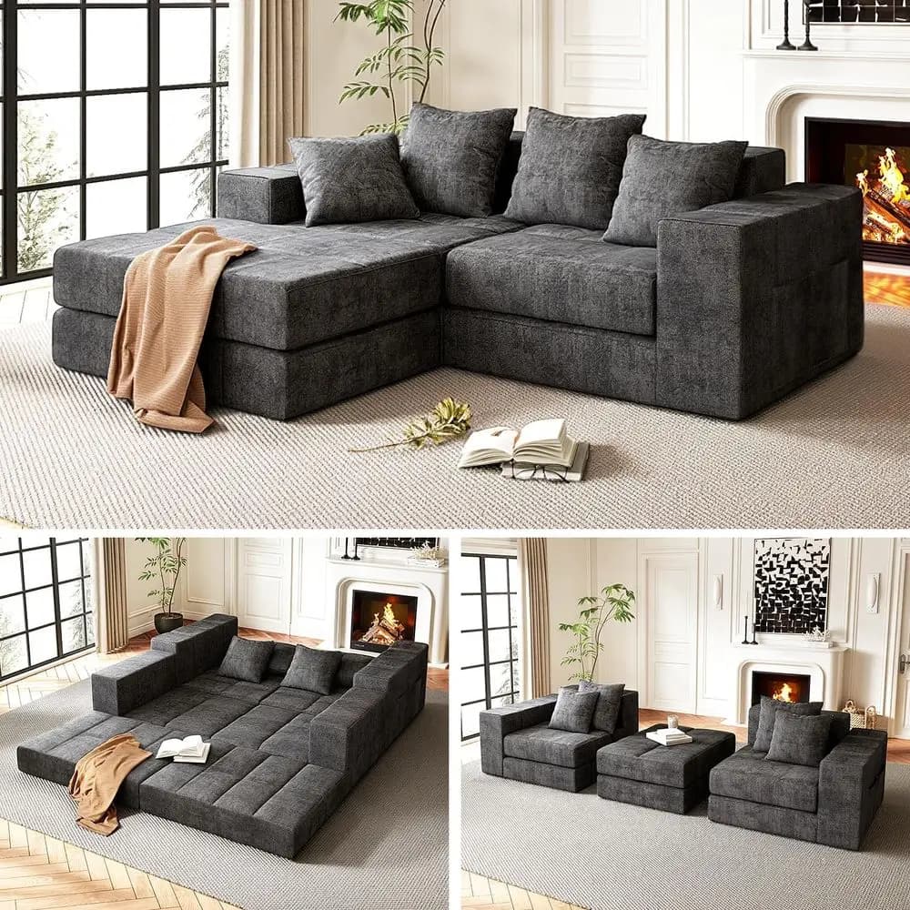 Divano a L di Lusso con Rivestimento Lavabile, Seduta Profonda, Cuscini, Funzione Letto, Base Antiscivolo, Supporto Morbido