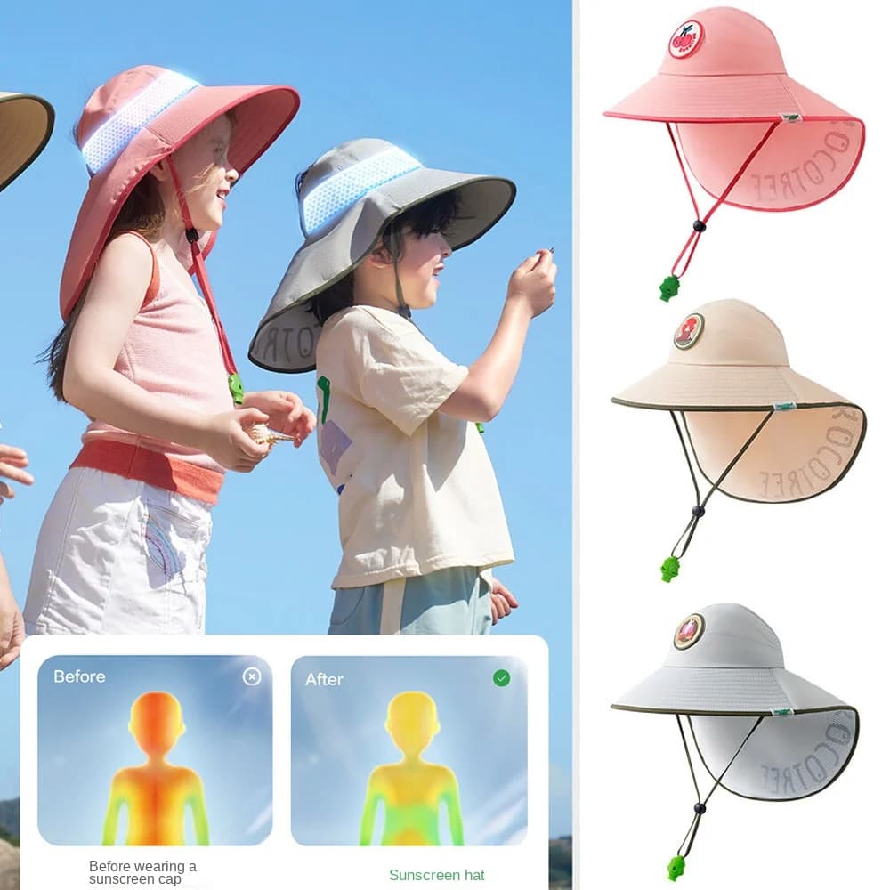 Cappello da pescatore parasole Cappello di protezione solare per bambini con mantello con fischio Protezione UV Cappello da campeggio Cappello a tesa larga regolabile