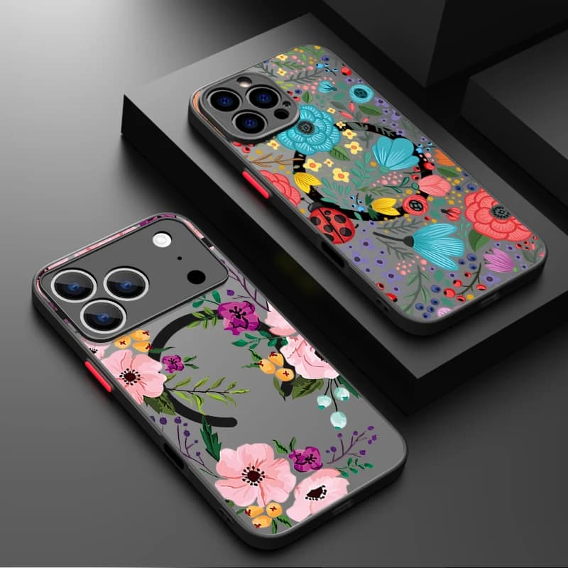 Custodia Magnetica Colorata a Fiori per iPhone 17 15 16 Pro Max 14 13 Pro, Compatibile con Ricarica Wireless MagSafe, Cover Rigida in PC con Bordo Morbido