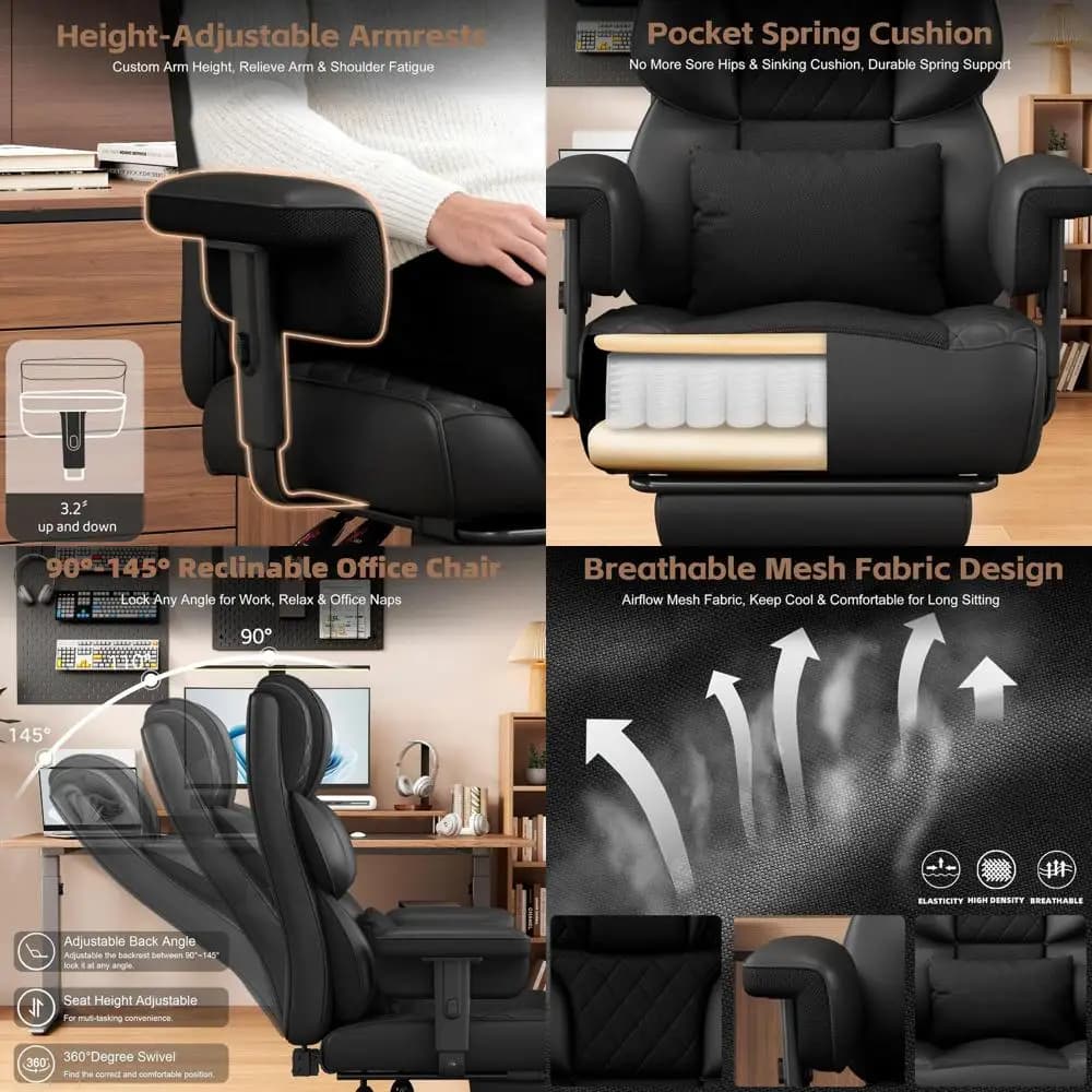 Ergonomic High-Back Gaming Chair with Adjustable Armrests, Lumbar Support, and Footrest in Black PU Leather