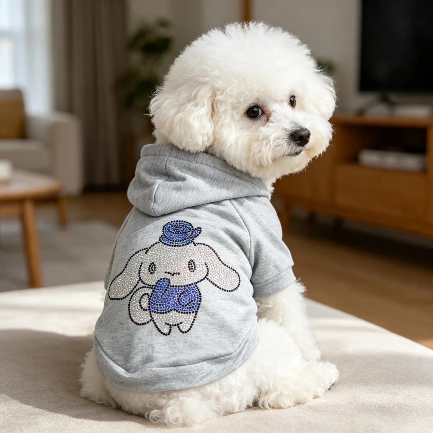 Spring Summer Breathable Pet Dog Hooded T Shirt Sparkly Rhinestone Kawaii Cinnamoroll Pattern Short Sleeve Puppy Hoodie