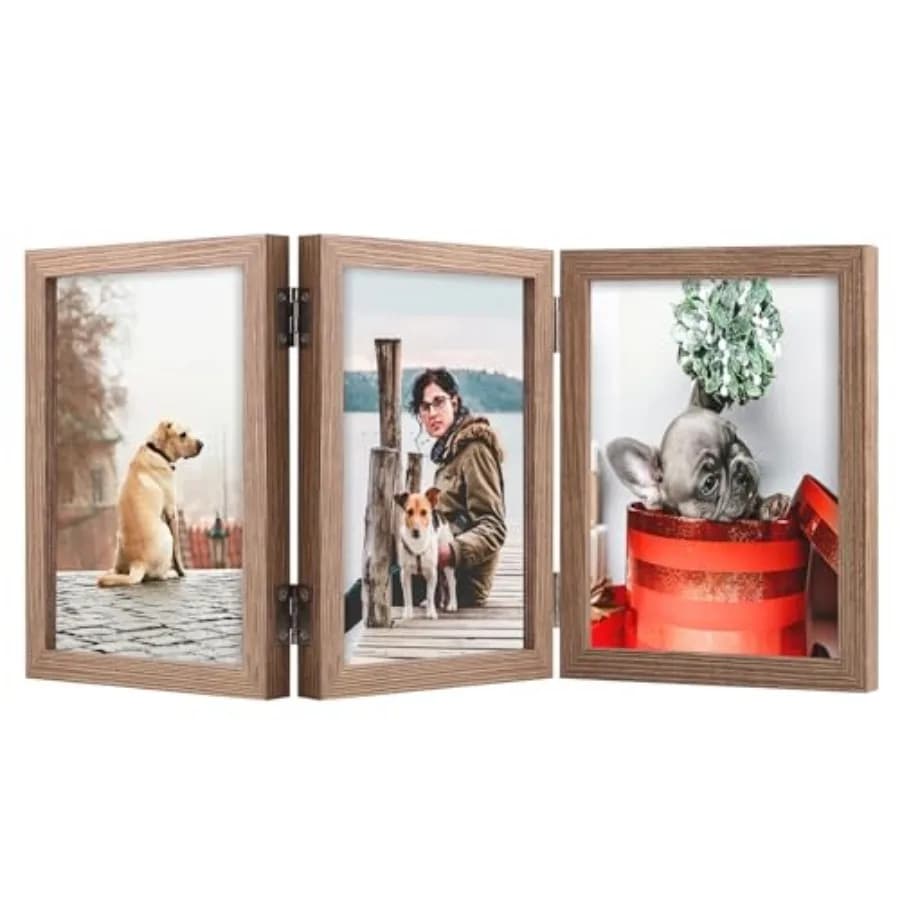 Cornice Portafoto Tripla in Legno con Tre Cerniere, Vetro Trasparente, Supporto Verticale per Scrivania o Tavolo