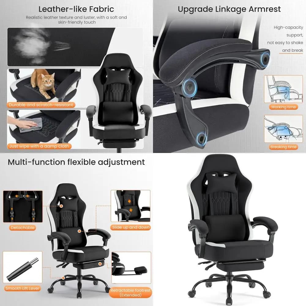 Sedia da Gaming Ergonomica con Braccioli Collegati, Sedile per Videogiochi con Cuscino a Molla Massaggiante, Comoda Sedia da Ufficio per Adulti