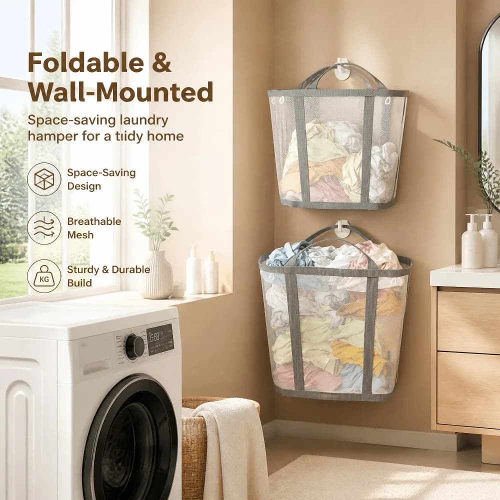 Extra-Large Foldable Mesh Laundry Basket with Handles, Rectangular Space-Saving Hamper for Home, Travel & Laundry Rooms