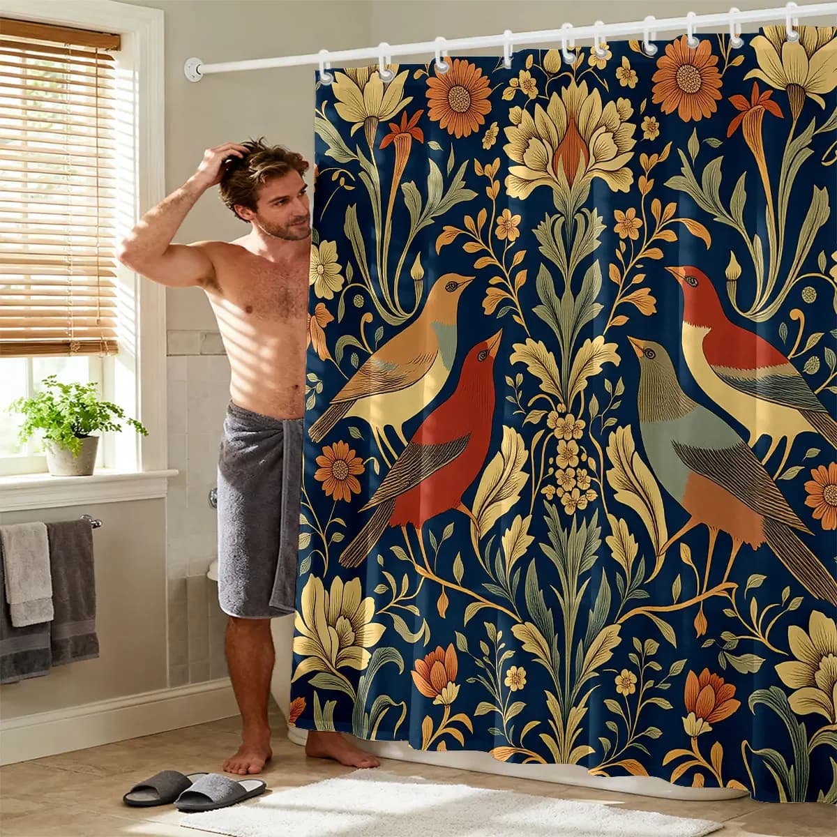 1pc Retro Flower Printed Shower Curtain Multi Size Partition Privacy Bathroom Hanging Curtain Fashion Home Decoration