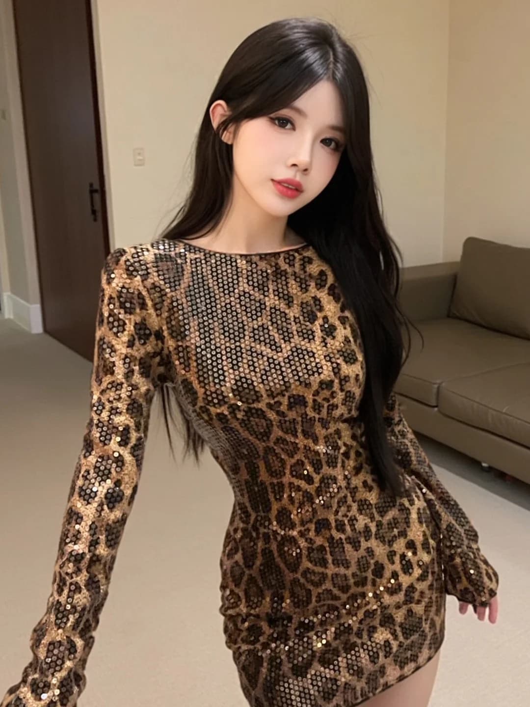 High-End Printed Sequin Splice round Neck Long Sleeve Short Style Slimming Personalized Dress Retro Sexy Skirt Dress