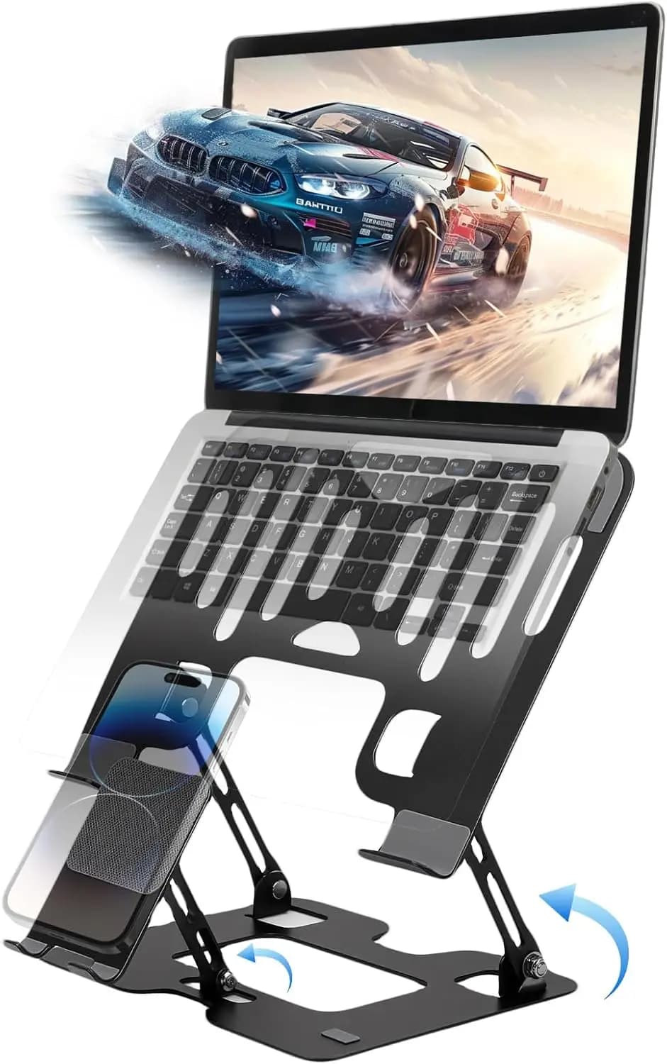 Supporto per Laptop Regolabile in Acciaio con Porta Telefono, Design Ergonomico Pieghevole per MacBook Pro/Air da 10-18 Pollici e Altri - Nero