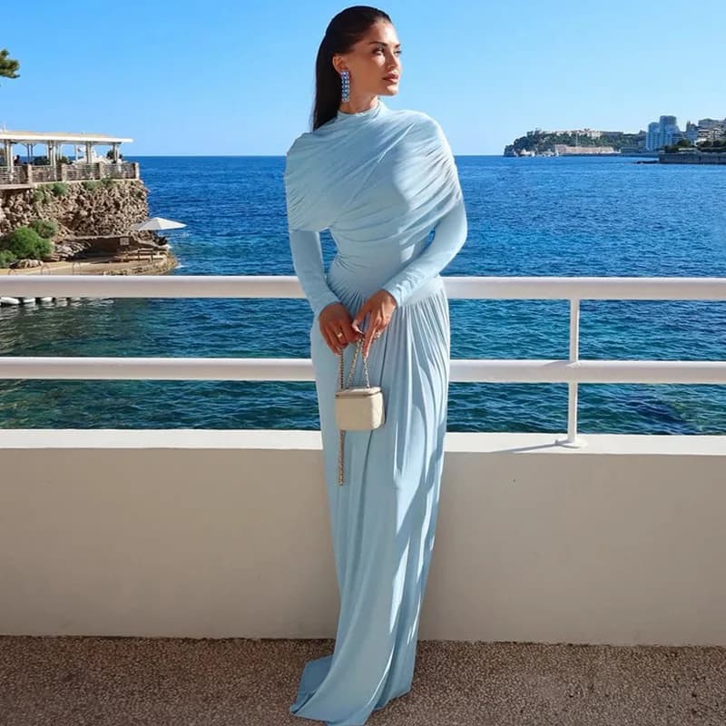 2025 Autumn Blue Pleated Shawl Maxi Dress Women Elegant Short Sleeve Slim Fit Evening Party Robe Chic Solid New Vestidos