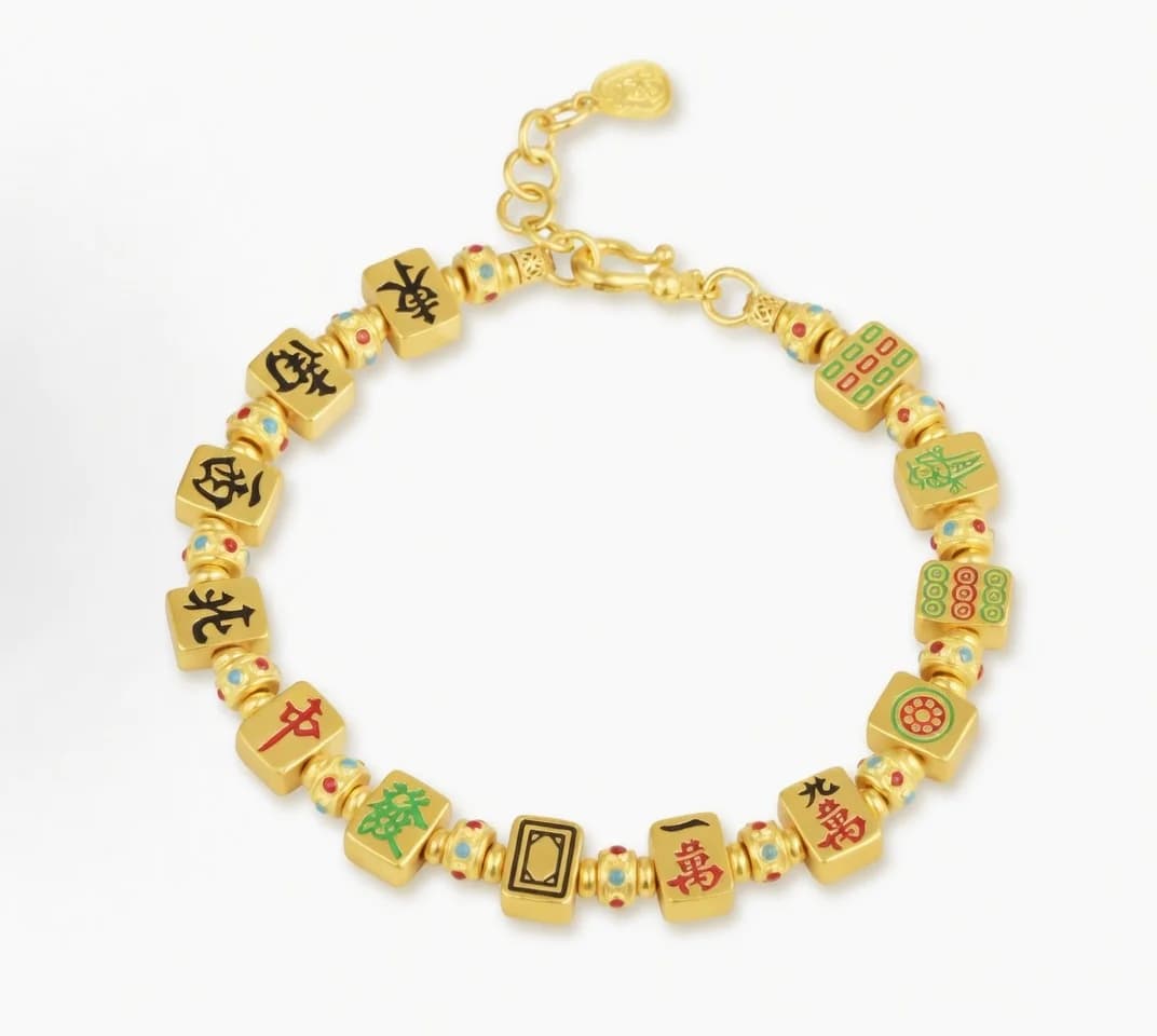 Bracciale di Lusso Dorato con Charm Mahjong Trenta Tre Assi per Donne, Lusso Leggero di Alta Gamma, Fortuna e Ricchezza, Rosso Zhong Fa Cai T
