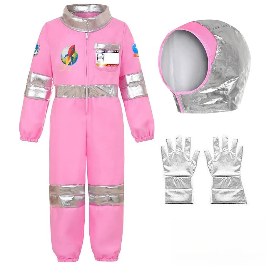 Costume da Astronauta Rosa Lucido Argento per Cosplay, Tuta con Casco e Guanti per Feste a Tema Spaziale e Travestimenti di Halloween