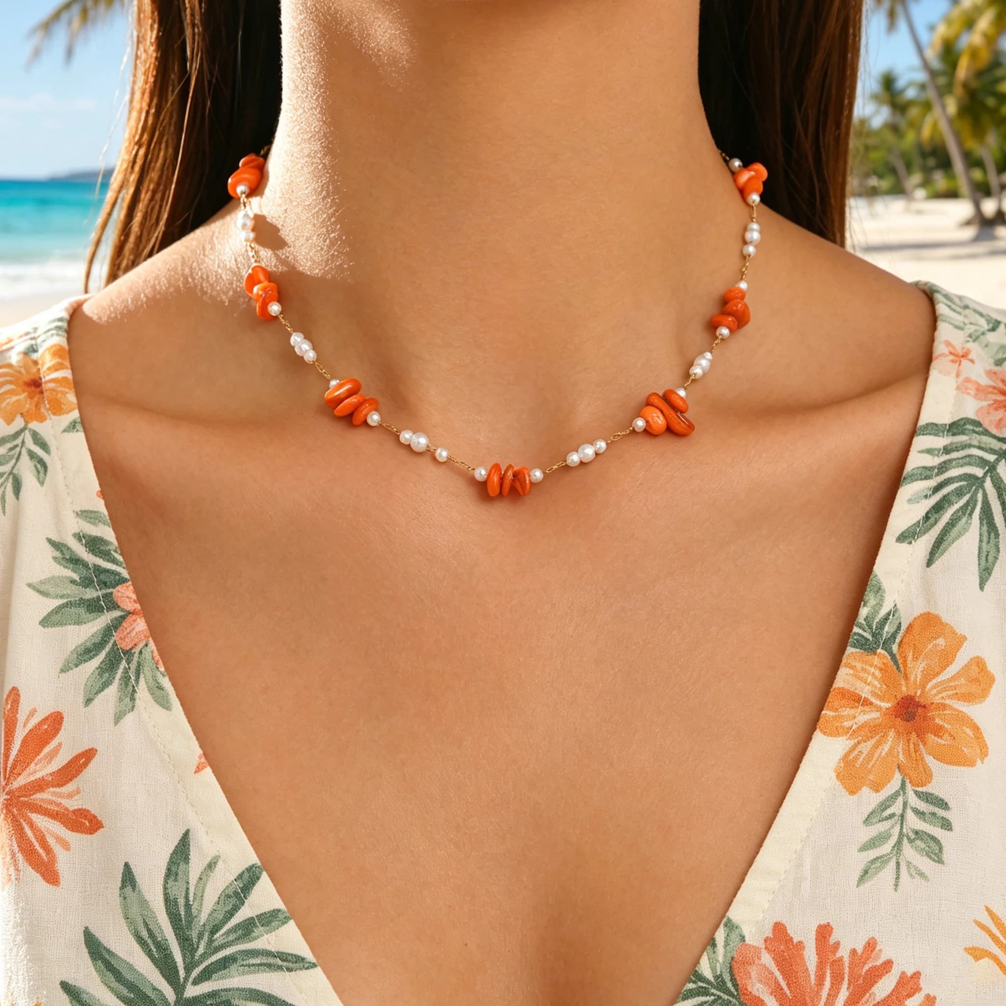 316L Stainless Steel Carnelian Choker Necklace with Faux Pearl Hypoallergenic Waterproof Tarnish Free Boho Jewelry Gift
