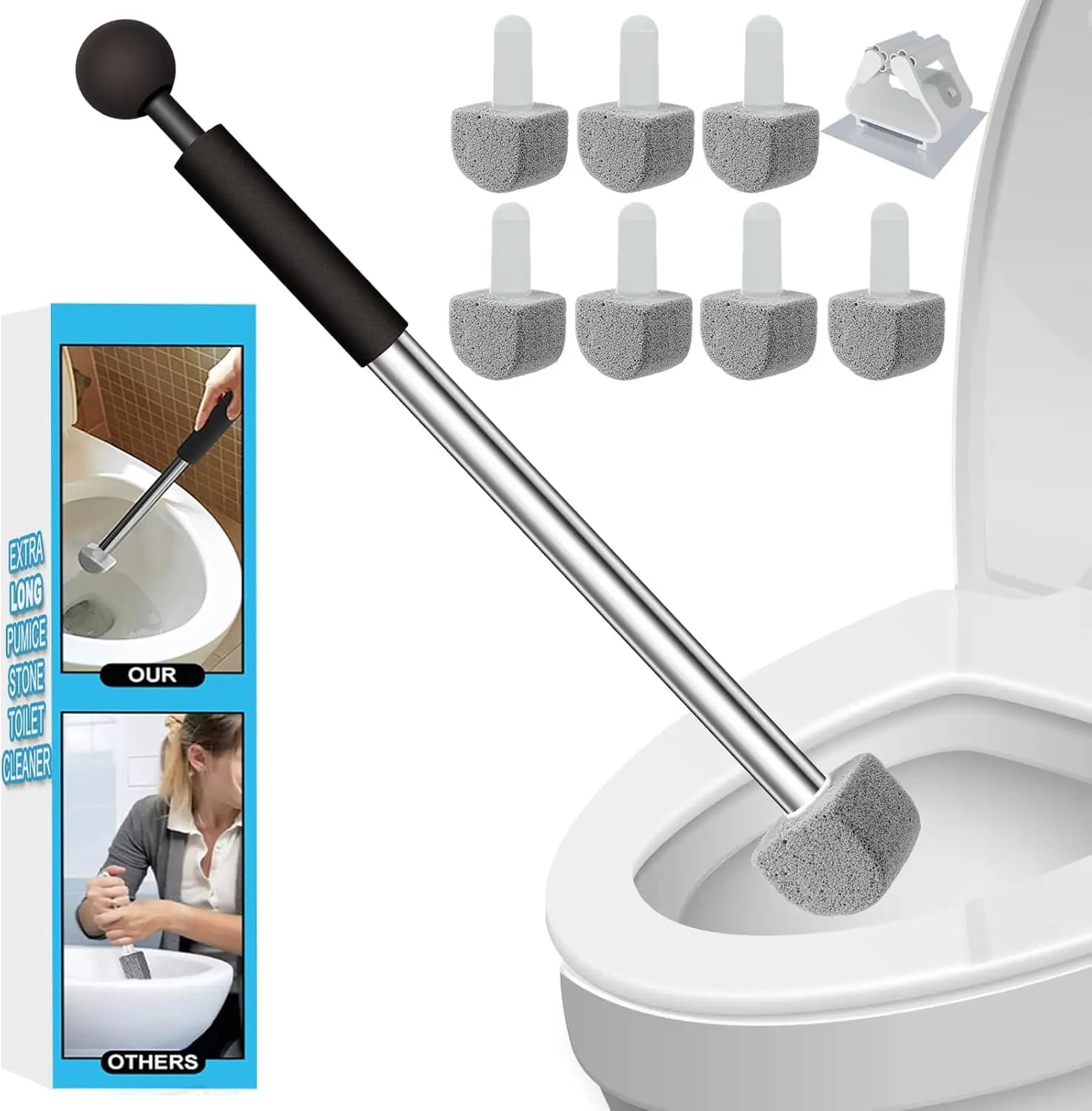Spazzola per la pulizia del WC con manico lungo e pietre pumose per rimuovere le macchie di calcare.