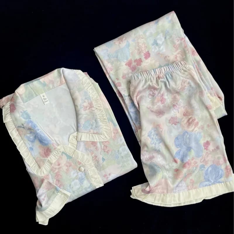 2025 Ping Blue Spring Summer Flower Set of 3 Pieces Oil Painting Ice Silk Pijama Woman Short Sleeved Pants Lace Night Shirt Nightwear Nightwear