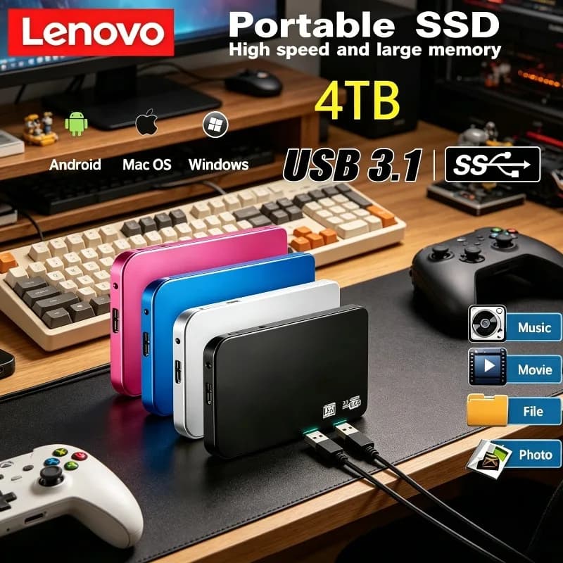 Lenovo SSD USB 3.0 da 4TB per Archiviazione Esterna con Cavo USB 3.0, Scatola in ABS, Custodia per Disco Rigido Mobile