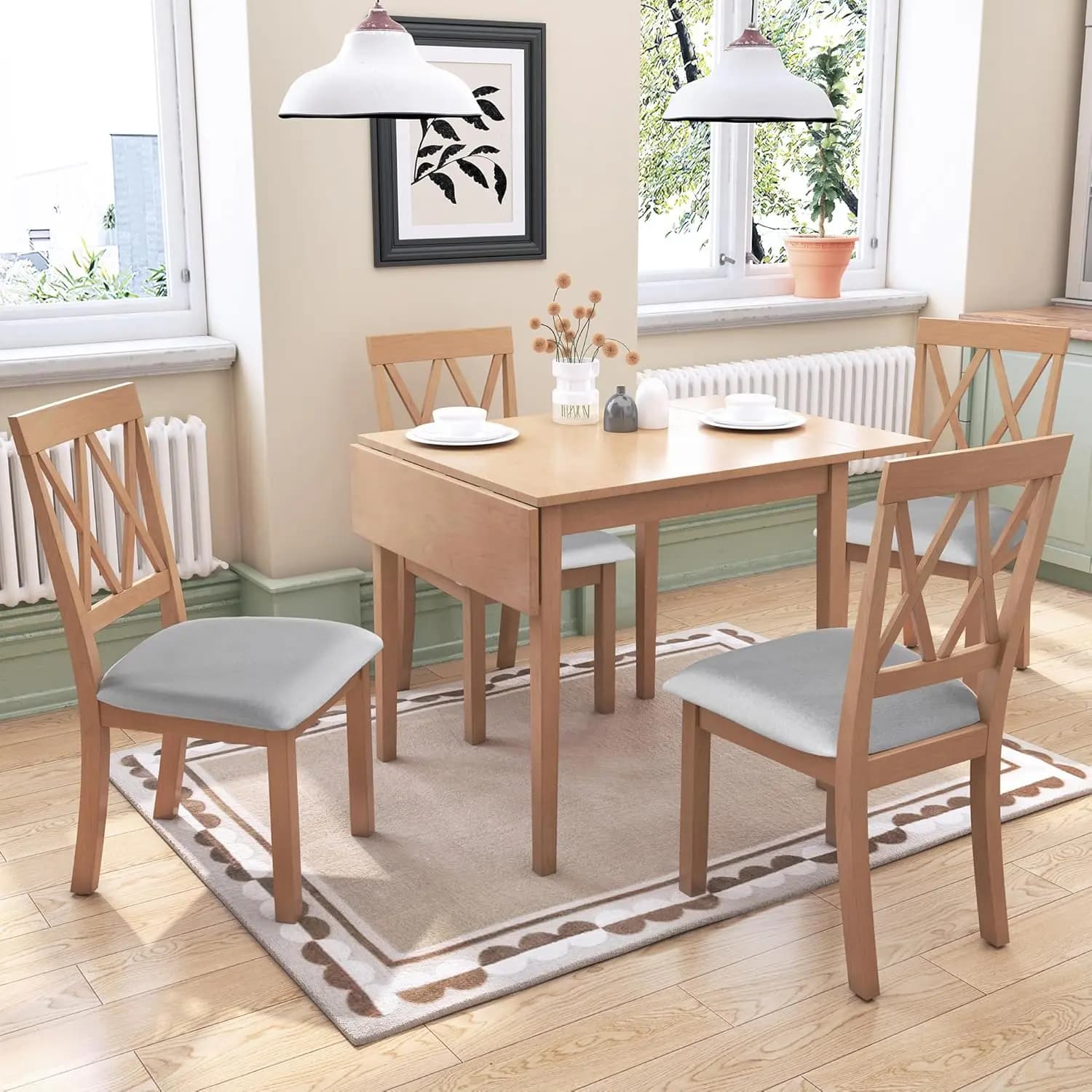 Set da Pranzo Salvaspazio con Tavolo Pieghevole a 5 Pezzi e 4 Sedie con Schienale a X, Cuscini Grigio Naturale, Personalizzabile