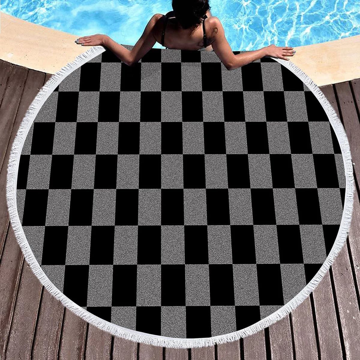 Square Microfiber Round Sea Tel, Beach Phone with Geometric Pattern Abstract Chessboard, Circular Bath Mat, Yoga Mat