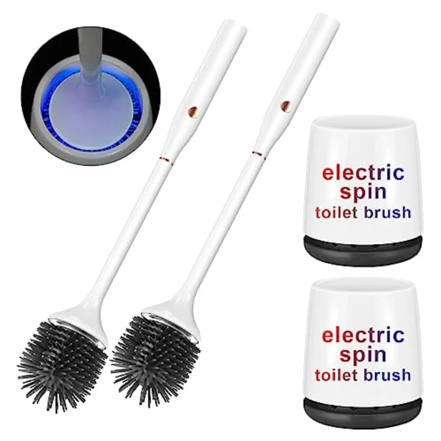Spazzola Elettrica per WC in Silicone, Confezione da 2, Ricaricabile con Supporto Ventilato, da Terra o da Parete, Senza Foratura, Blu