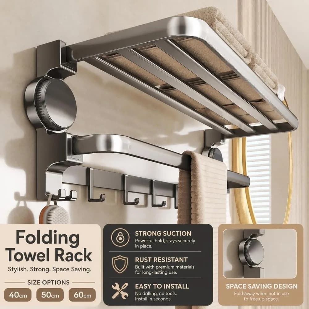 40/50/60cm Bathroom Towel Rack Suction Cup Foldable Bathroom Storage Rack with Hook Space Saving Wall Mount Towel Holder Toilet
