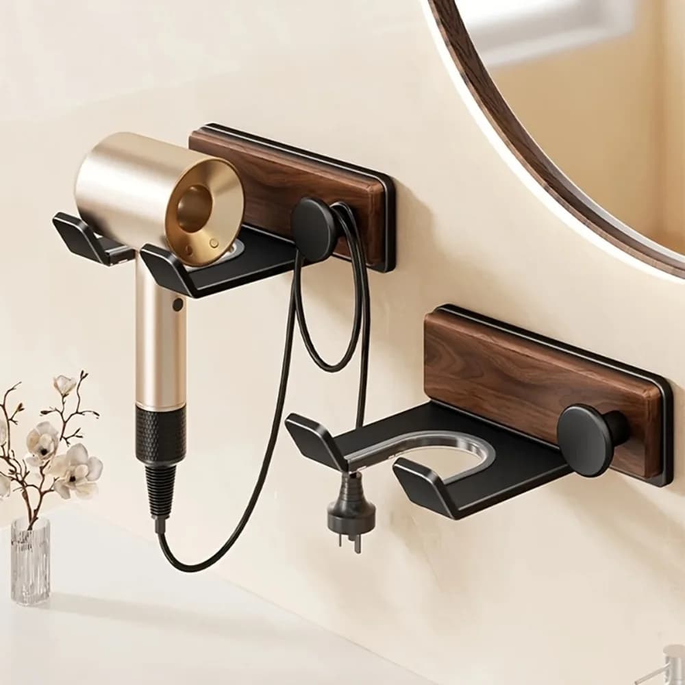 Wood Hair Dryer Holder Self Adhesive Bathroom Wall Mount Storage Rack No Drill Blow Dryer Stand for Dyson Hairdryer Shelf