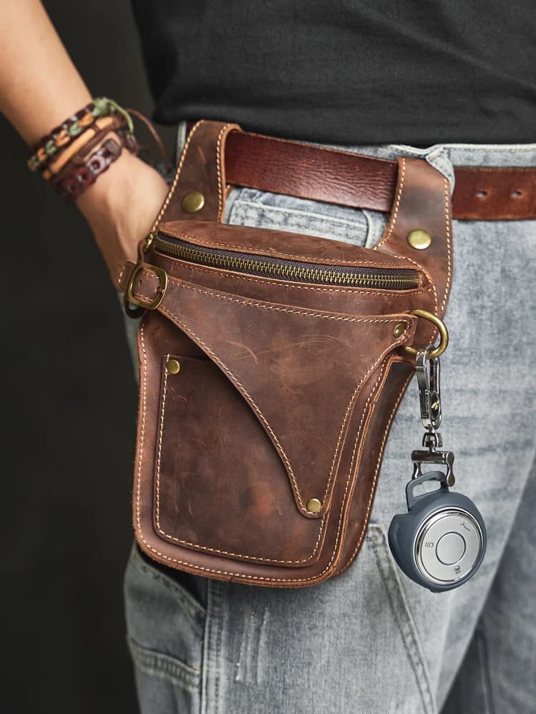 Borsa da Cintura in Vera Pelle Crazy Horse Stile Moto Vintage - Marsupio Unisex Casual per Telefono, Chiavi ed Essenziali