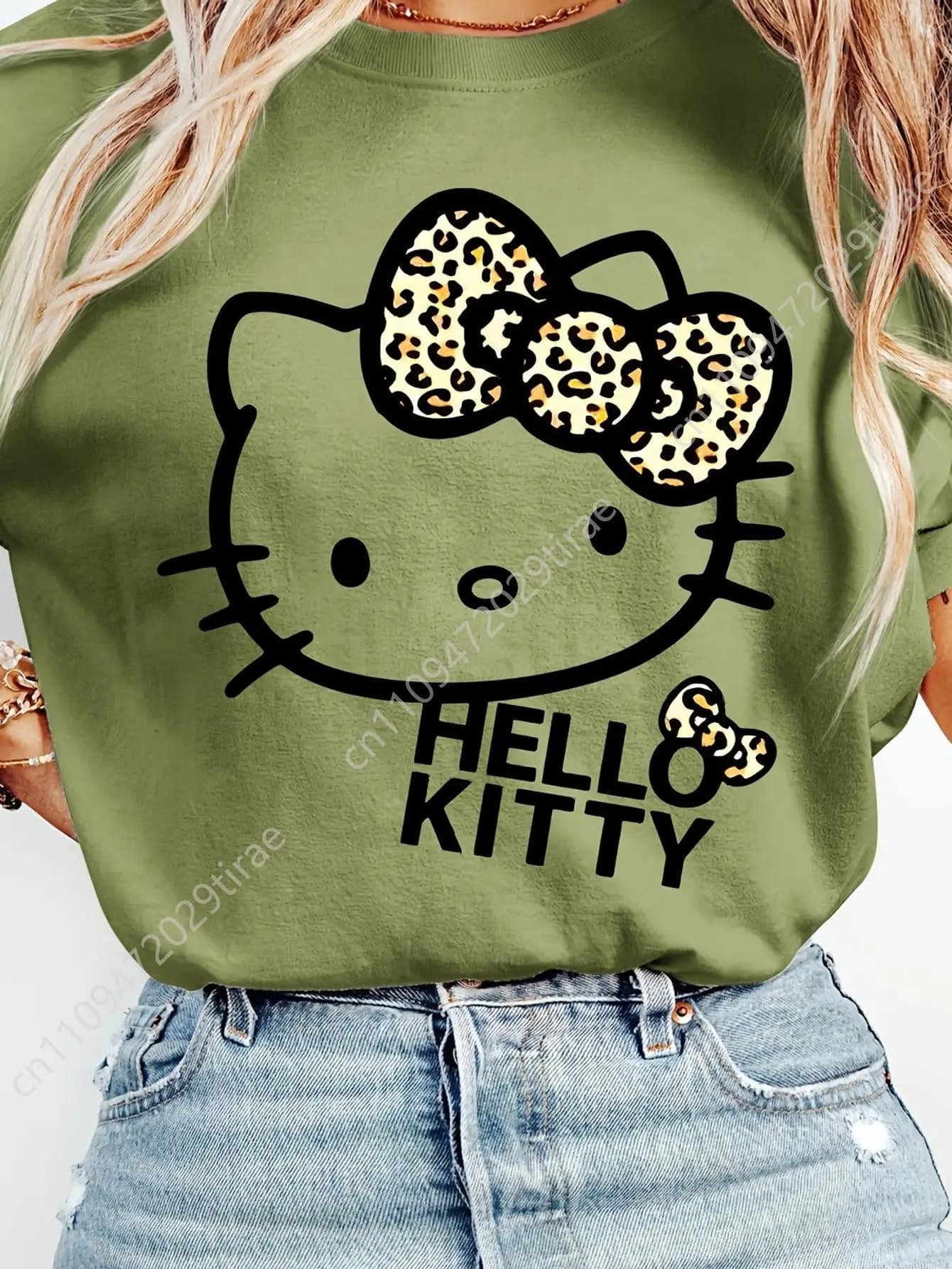 Sanrio Hello Kitty Leopard Print Bow Women T-Shirt for Spring/Summer Featuring a Wild Yet Sweet Style Short Sleeves Cosplay