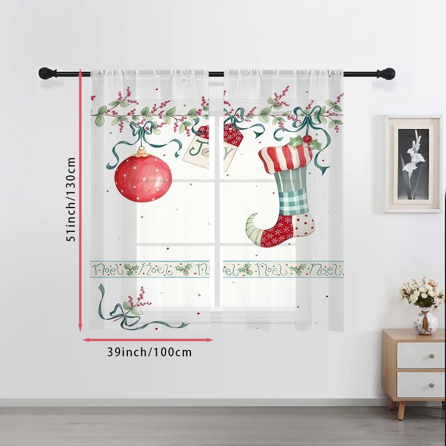 2PCS Bauble Stocking Sheer Curtains, Holly Berry Noel Christmas Print, Rod Pocket Window Drapes for Xmas Holiday Home Decor