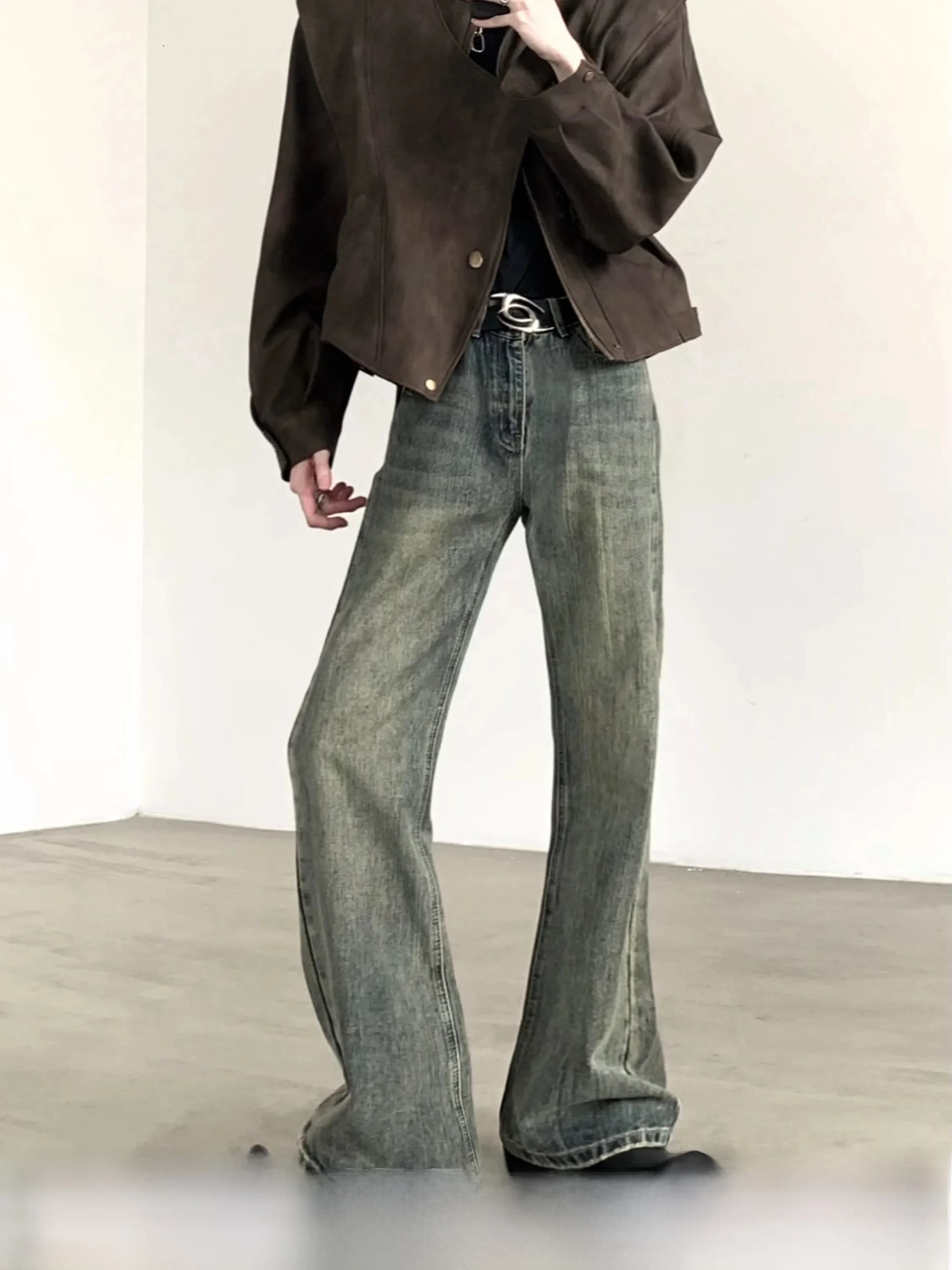 High Waist Straight Leg Blue Denim Jeans Men's Vintage Washed Slim Fit Cleanfit Bell Bottoms Casual Comfortable Stretch Jeans