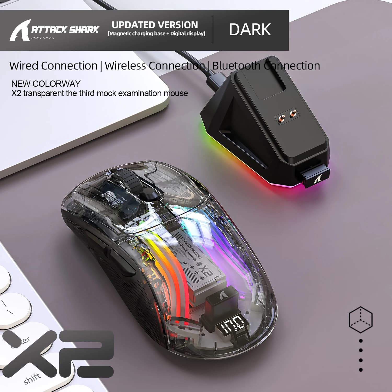 Mouse Bluetooth Attack Shark X2PRO, modalità tri, luci RGB, ricarica magnetica, trasparente, indicatore batteria, telefono computer