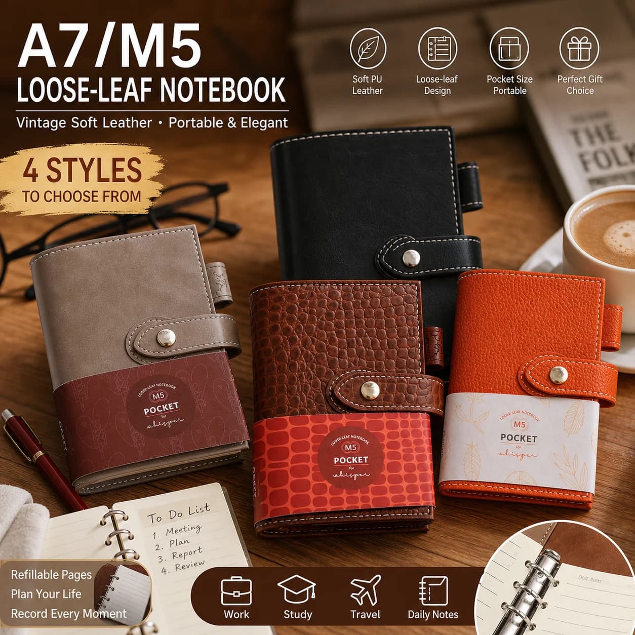 Fromthenon Portable M5 A7 Loose Leaf Journal Vintage Soft Leather Pocket Planner Weekly Monthly Todo Travel Scrapbook Notebook