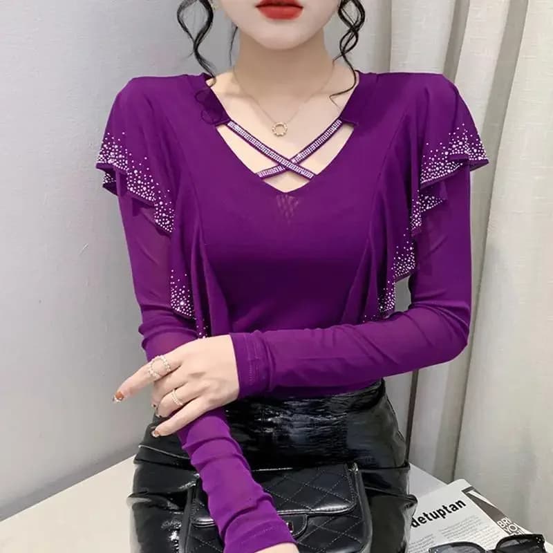 Abbigliamento donna 2025 Tinta unita Manica lunga Donna Pullover Autunno Inverno Sottile Sottile Interno Lapping Diamanti Top T-shirt