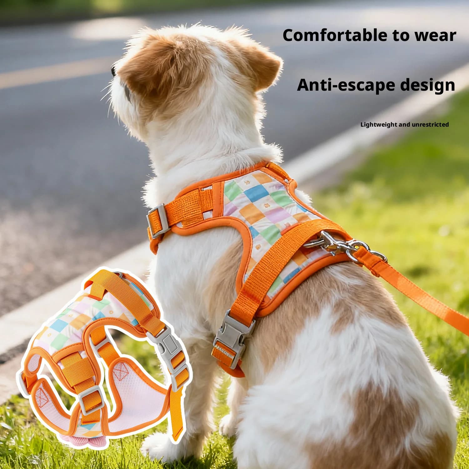 Comfortable breathable mesh-lined printed pet harness with anti-burst, anti-escape features and reflective dog harness