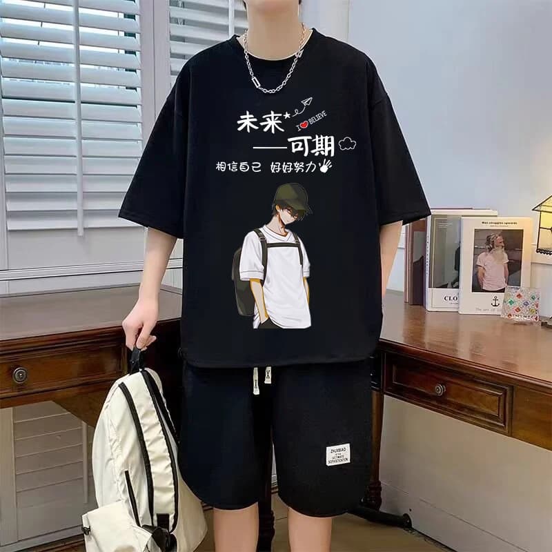 Completo Sportivo Casual per Adolescenti 2024 Nuovo Stile, Top con Stampa Testo Creativa per Ragazzi, Pantaloncini Versatili di Tendenza in Fibra di Poliestere a Maniche Corte