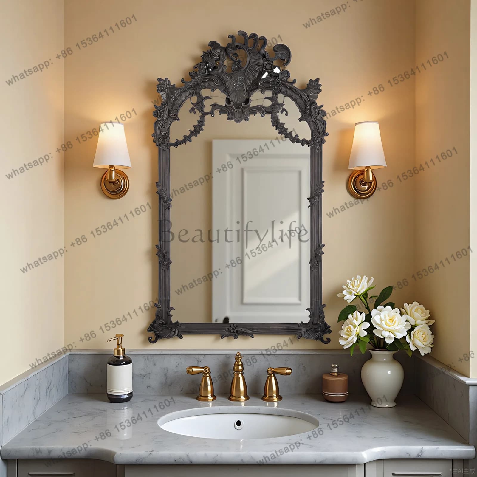 Specchio da trucco D33 nero con incisioni francesi, lavabo da bagno, specchio decorativo da parete