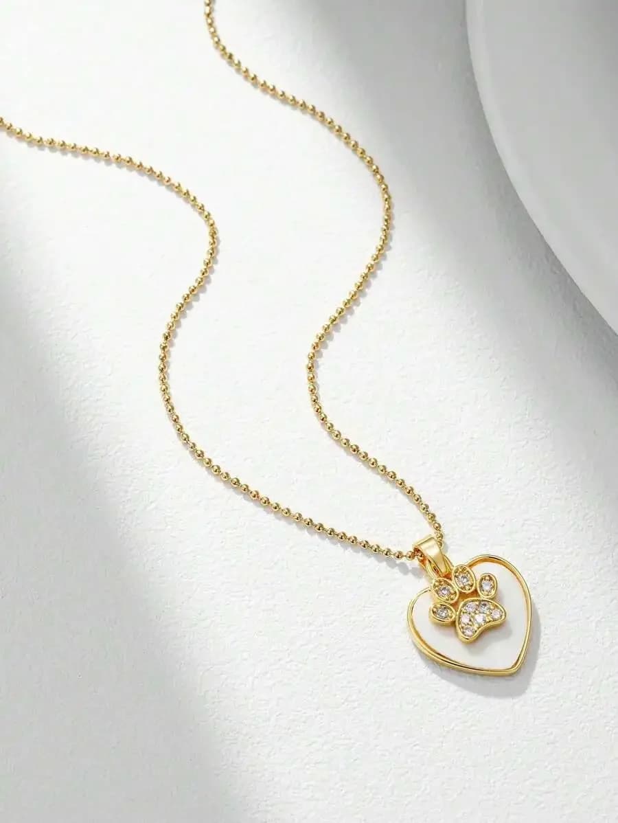 Stainless Steel Chain Necklace With Rhinestone Paw Print Heart Pendant For Adults